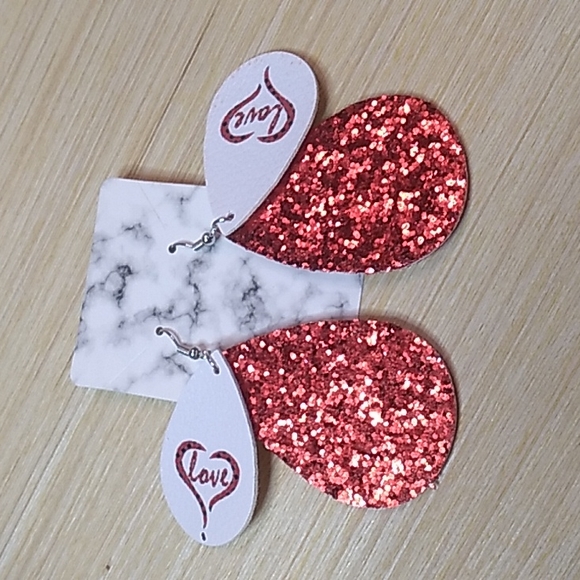Valentine Faux Leather Double Stacked earrings 1.5 x 3 inches love w Red glitter - Picture 3 of 5